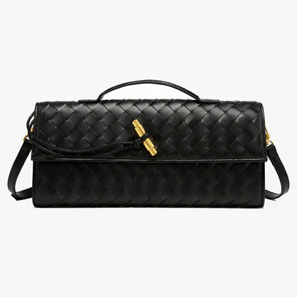 ILYNORA black woven faux leather clutch bag with braided texture, shoulder strap and elegant gold-tone clasp