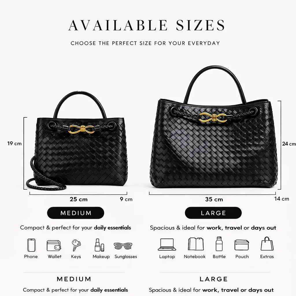 Close-up of ILYNORA black woven faux leather tote bag with braided texture and elegant gold-tone hardware