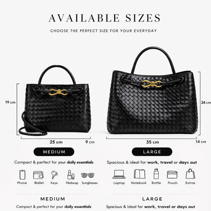Close-up of ILYNORA black woven faux leather tote bag with braided texture and elegant gold-tone hardware