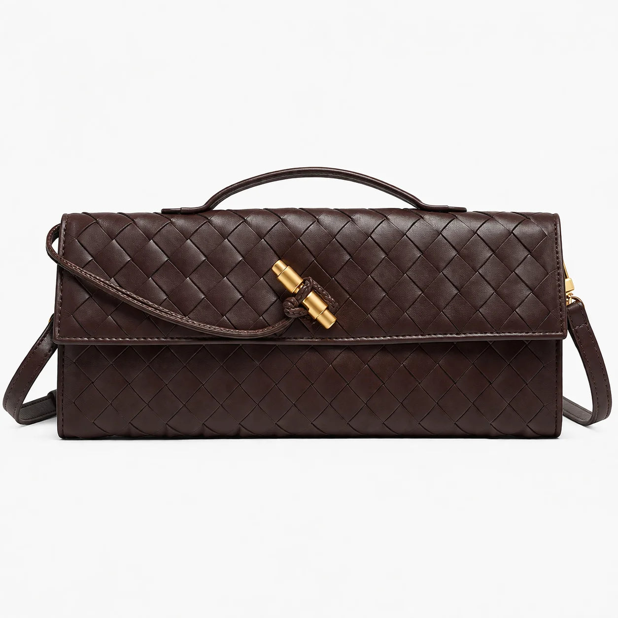 ILYNORA brown woven faux leather clutch bag with top handle, shoulder strap and gold-tone clasp
