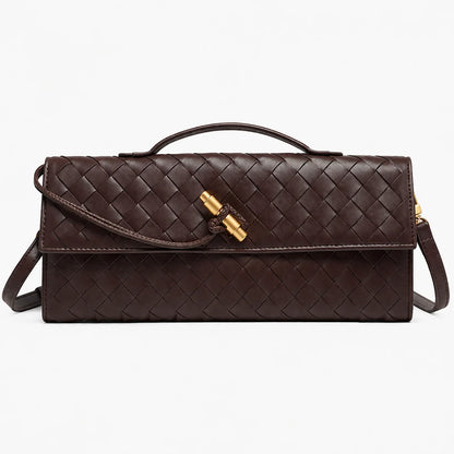 ILYNORA brown woven faux leather clutch bag with top handle, shoulder strap and gold-tone clasp