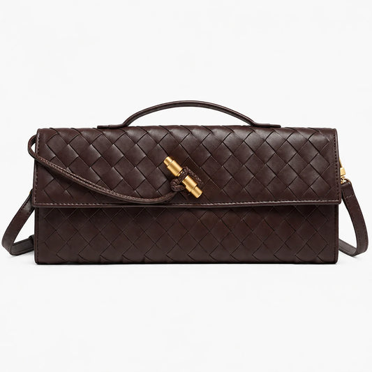 ILYNORA brown woven faux leather clutch bag with top handle, shoulder strap and gold-tone clasp