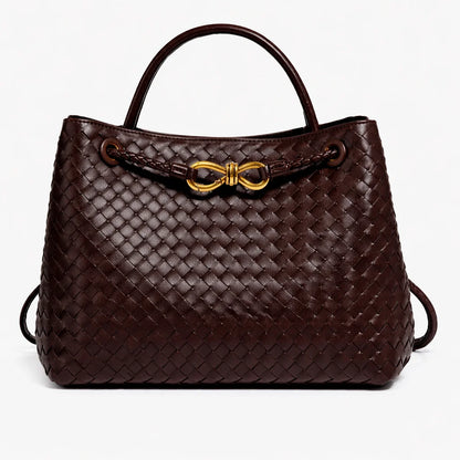ILYNORA brown woven faux leather tote bag with structured handles and elegant gold-tone hardware