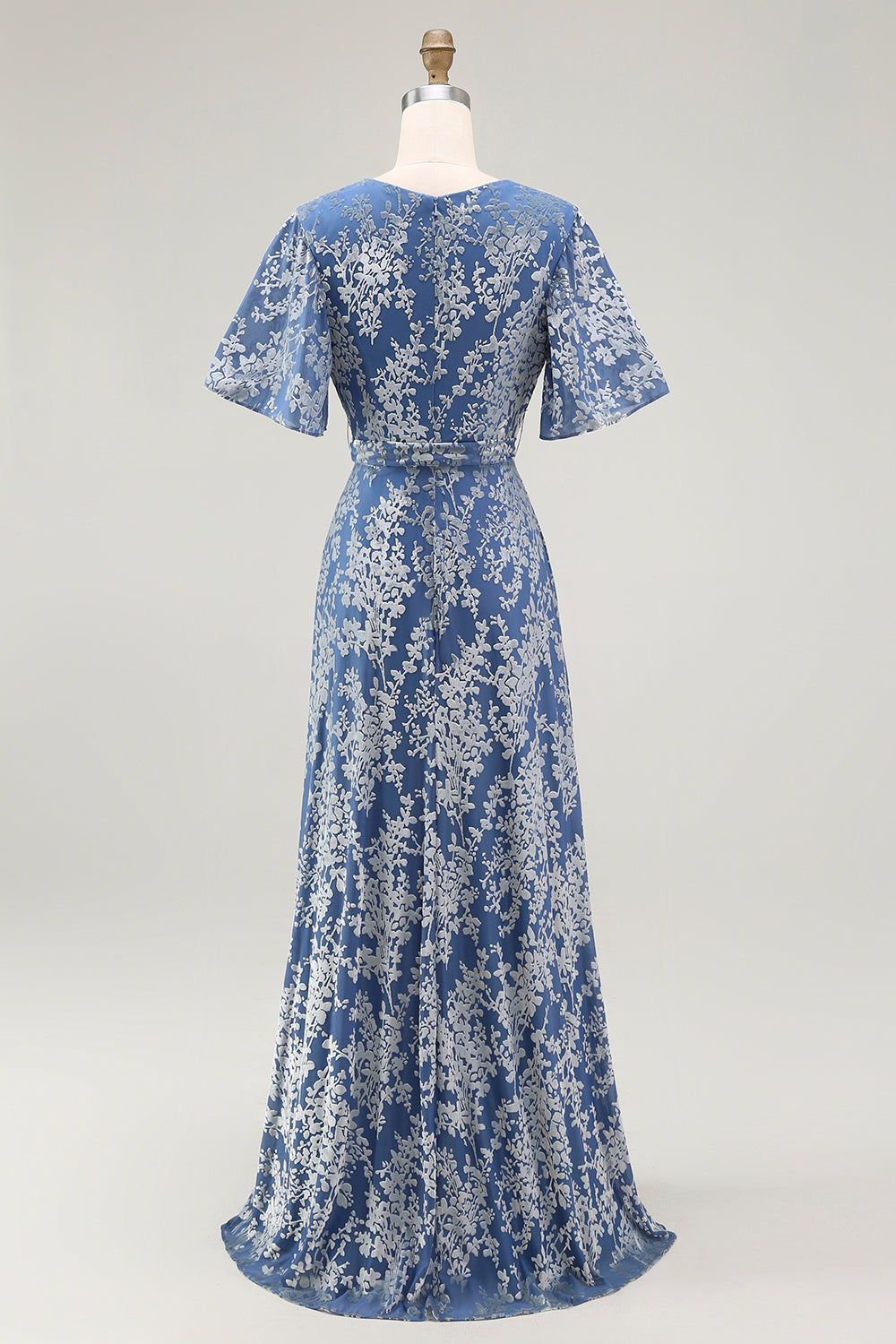 ILYNORA blue burnout velvet wrap maxi dress, back view showing tie waist sash