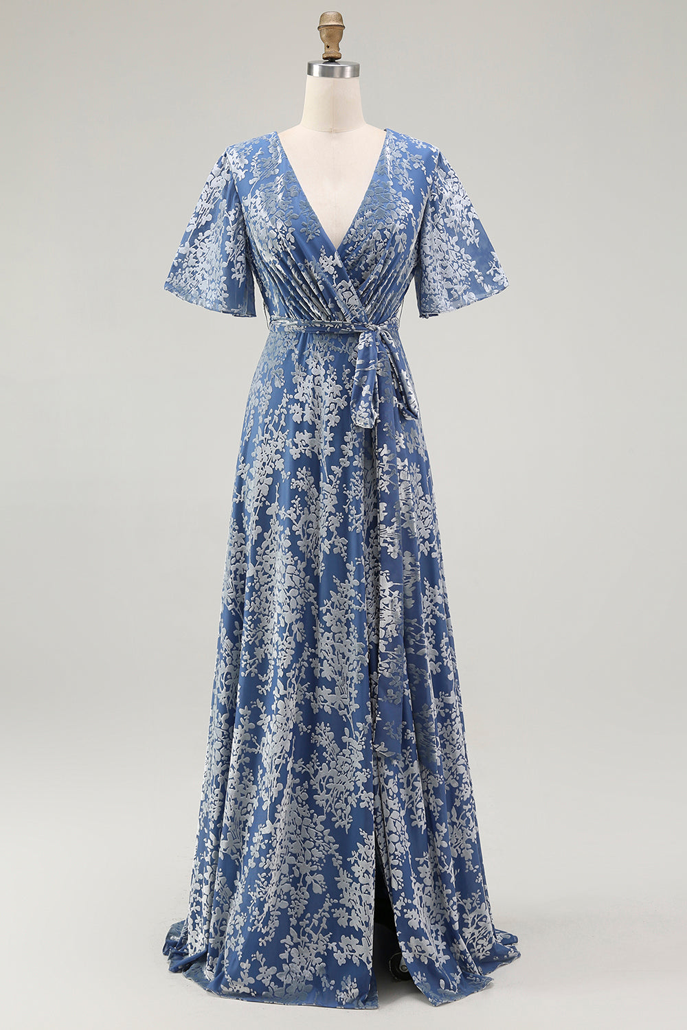 ILYNORA blue burnout velvet wrap maxi dress displayed on mannequin, front view