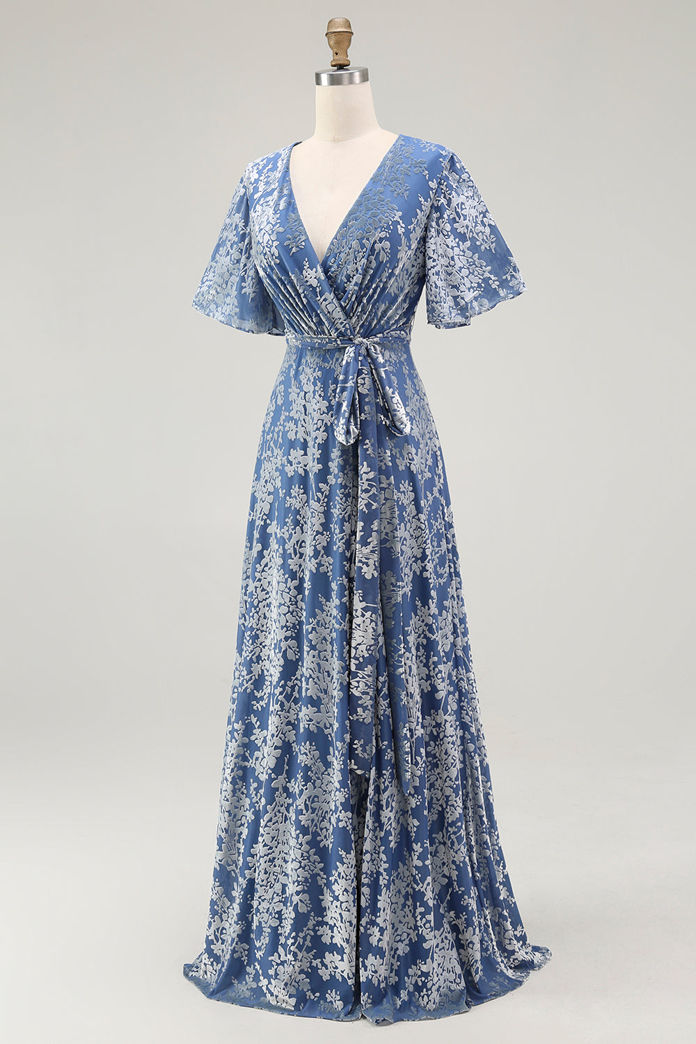ILYNORA blue velvet wrap maxi dress, side view showing flowing A-line skirt