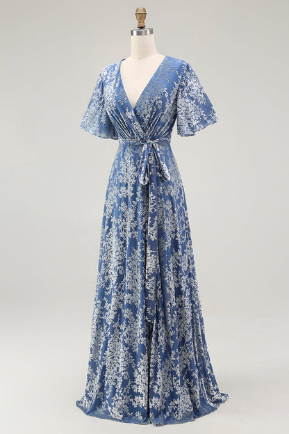 ILYNORA blue velvet wrap maxi dress, side view showing flowing A-line skirt