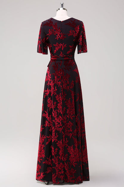 ILYNORA burgundy burnout velvet wrap maxi dress, back view showing tie waist sash