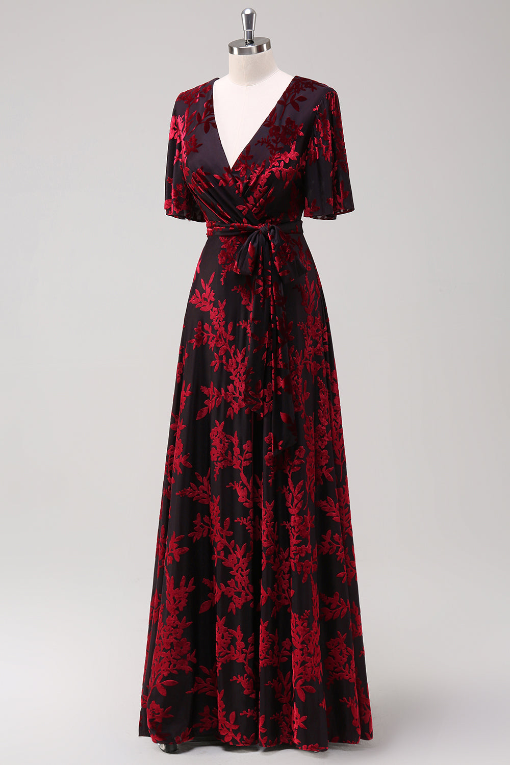 ILYNORA burgundy velvet wrap maxi dress, side view showing flowing A-line skirt