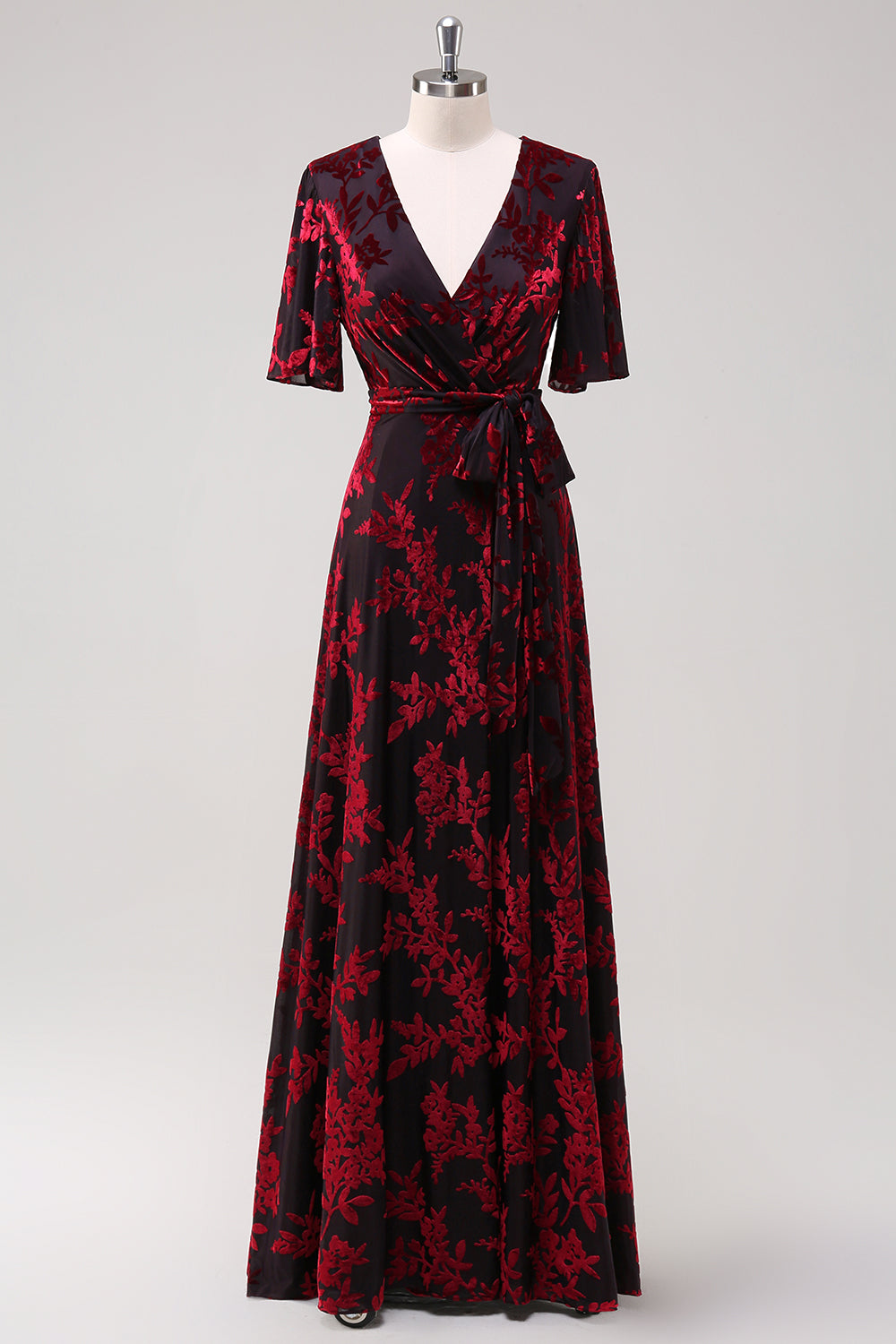 ILYNORA burgundy burnout velvet wrap maxi dress displayed on mannequin, front view