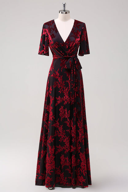 ILYNORA burgundy burnout velvet wrap maxi dress displayed on mannequin, front view