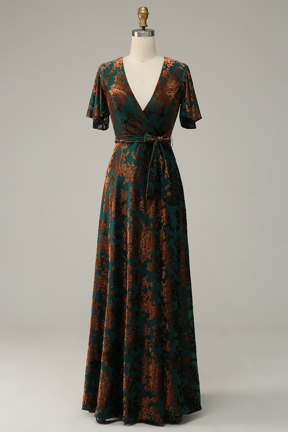 ILYNORA dark green burnout velvet wrap maxi dress displayed on mannequin, front view