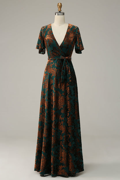 ILYNORA dark green burnout velvet wrap maxi dress displayed on mannequin, front view