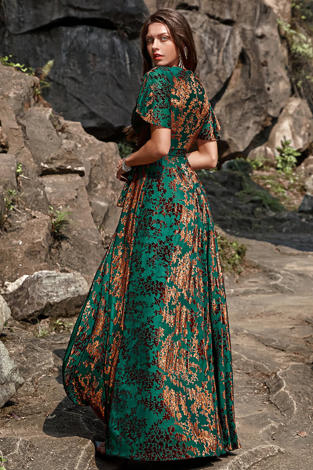 ILYNORA dark green velvet wrap maxi dress, side view showing flowing A-line skirt
