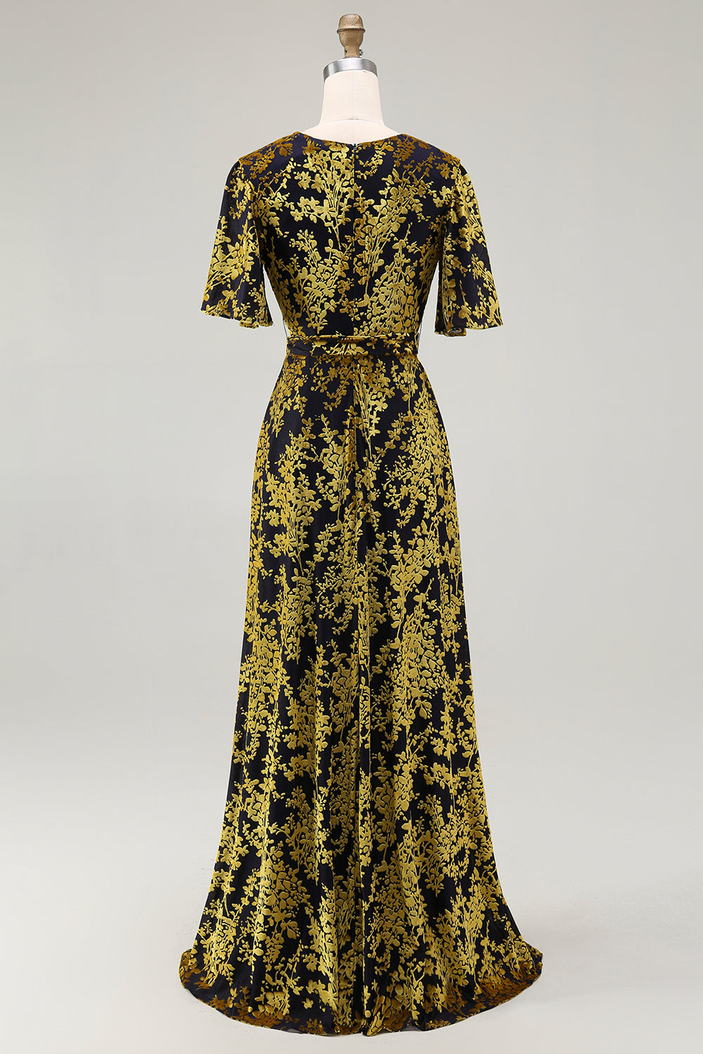 ILYNORA golden purple burnout velvet wrap maxi dress, back view showing tie waist sash