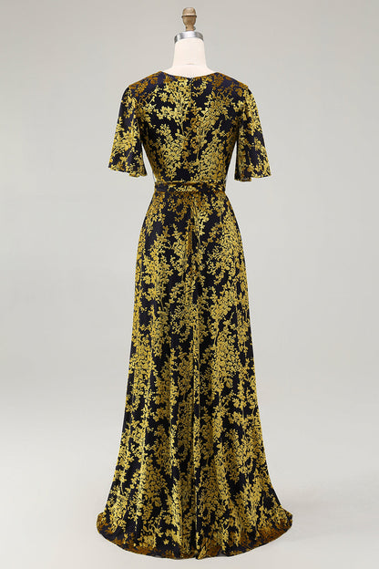 ILYNORA golden purple burnout velvet wrap maxi dress, back view showing tie waist sash
