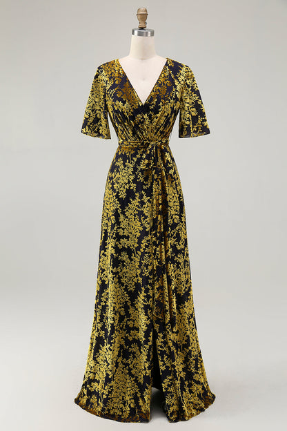 ILYNORA golden purple burnout velvet wrap maxi dress displayed on mannequin, front view
