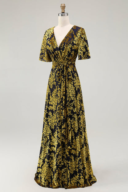 ILYNORA golden purple velvet wrap maxi dress, side view showing flowing A-line skirt