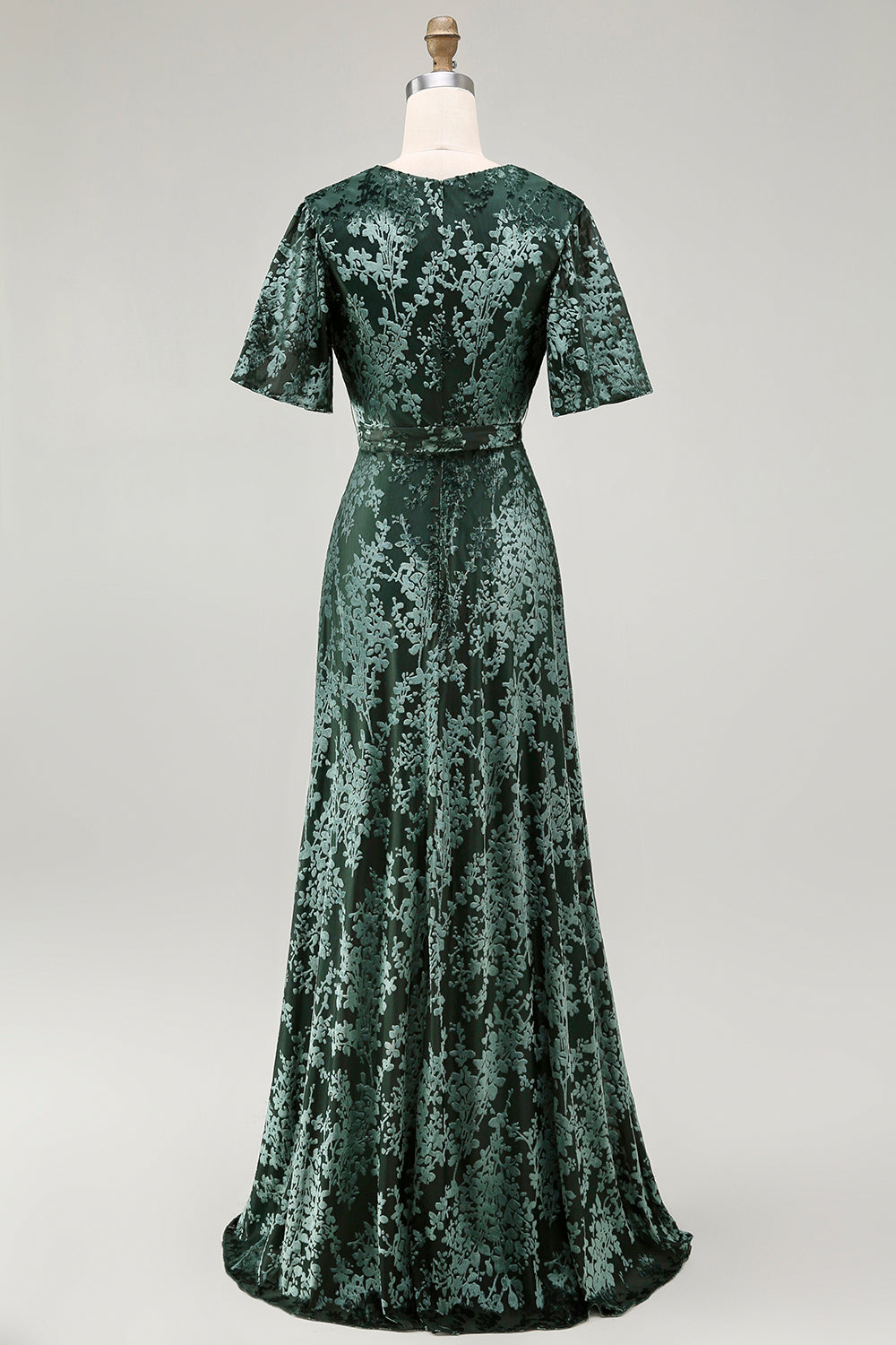 ILYNORA pine green burnout velvet wrap maxi dress, back view showing tie waist sash