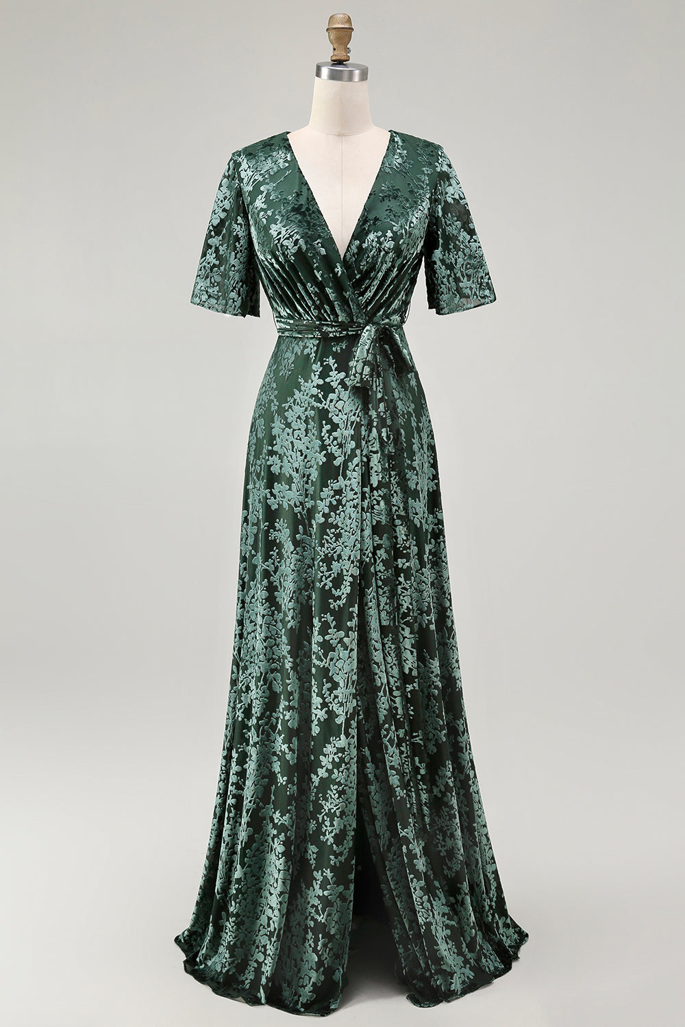 ILYNORA pine green burnout velvet wrap maxi dress displayed on mannequin, front view