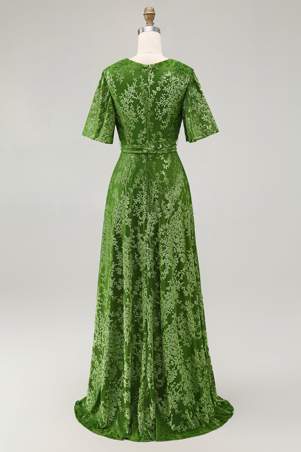 ILYNORA sage green burnout velvet wrap maxi dress, back view showing tie waist sash