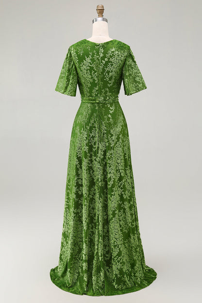 ILYNORA sage green burnout velvet wrap maxi dress, back view showing tie waist sash