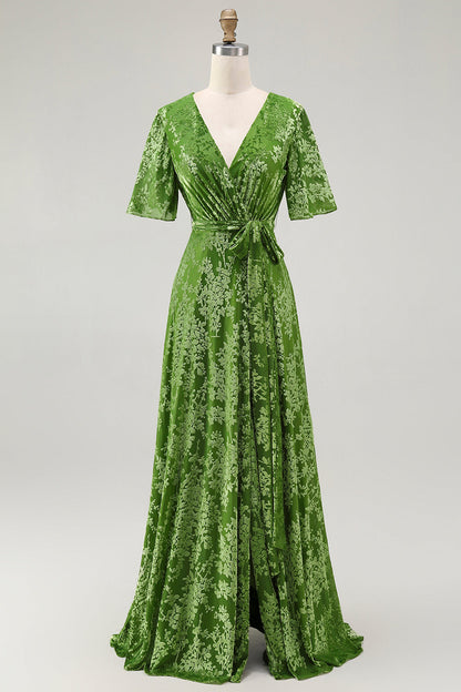 ILYNORA sage green burnout velvet wrap maxi dress displayed on mannequin, front view