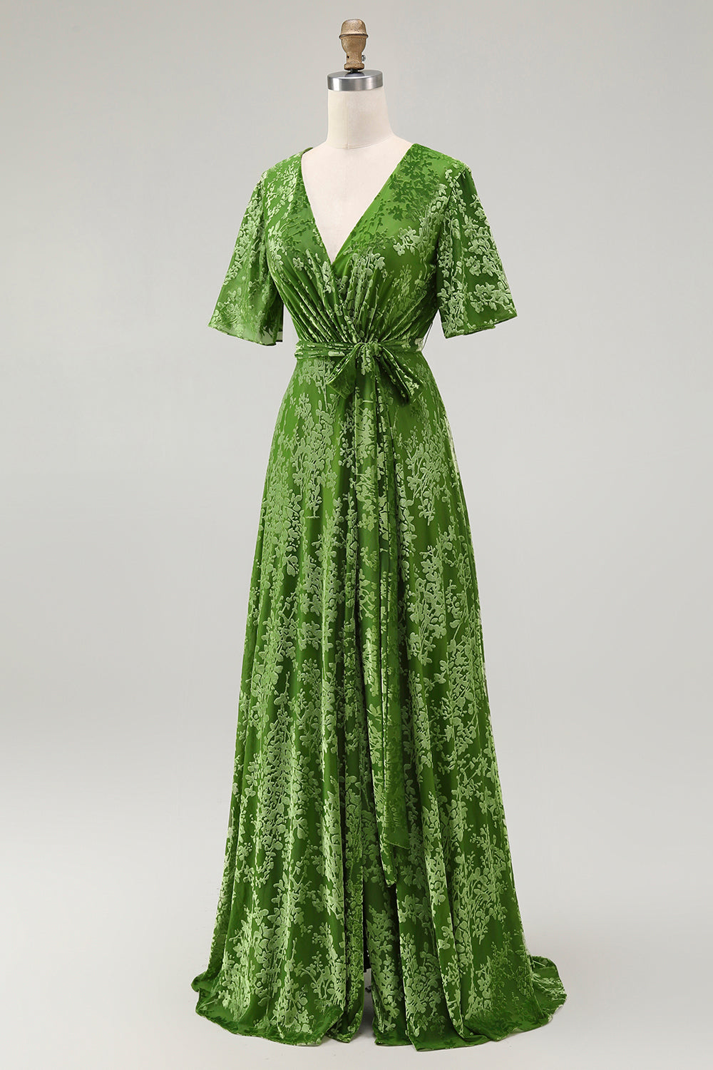ILYNORA sage green velvet wrap maxi dress, side view showing flowing A-line skirt