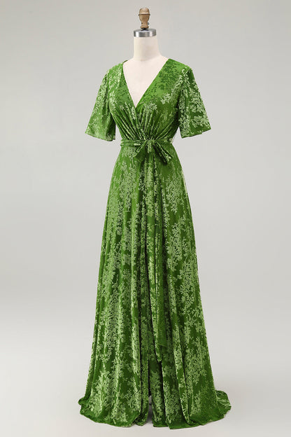 ILYNORA sage green velvet wrap maxi dress, side view showing flowing A-line skirt