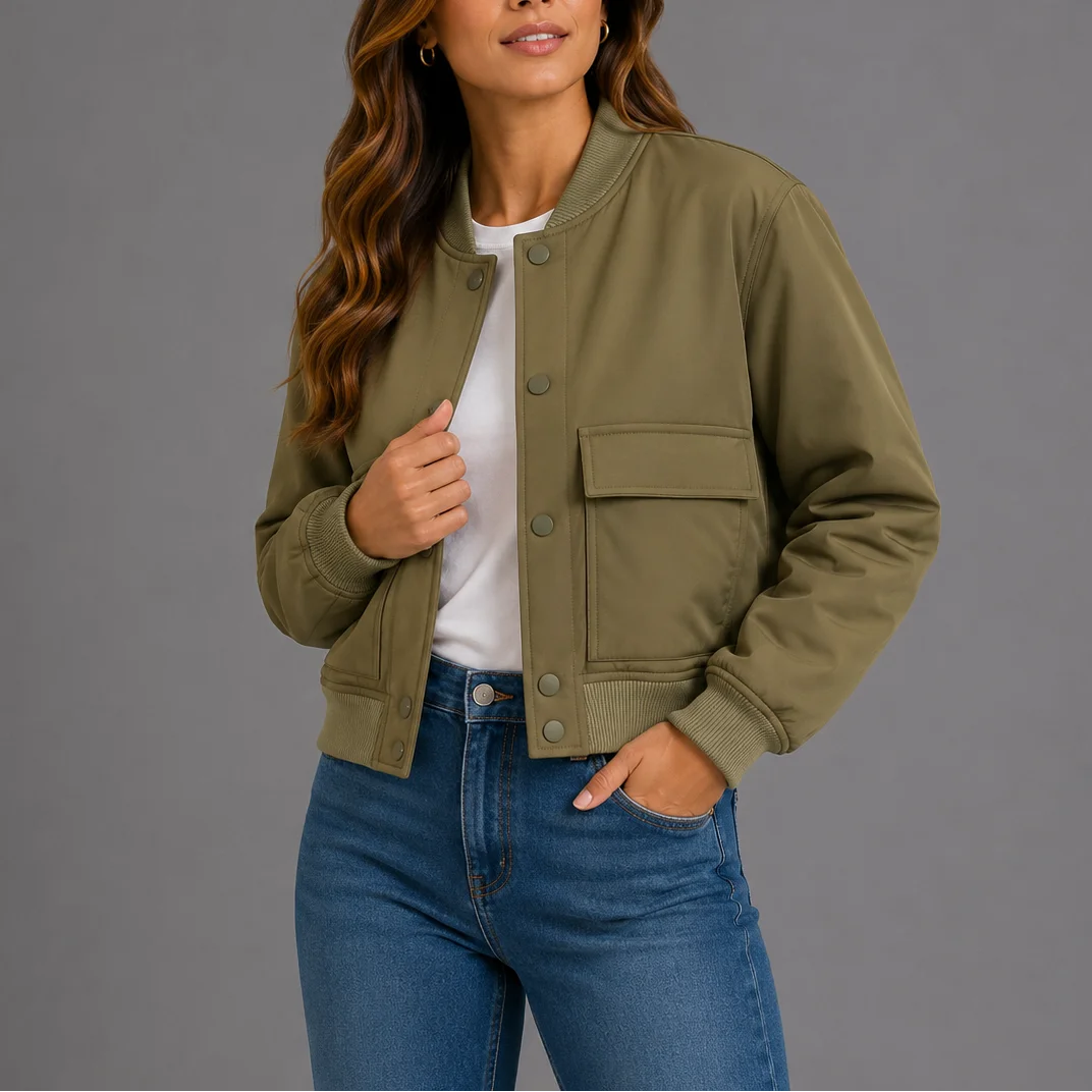 Women's Classic Snap-Button Bomber Jacket