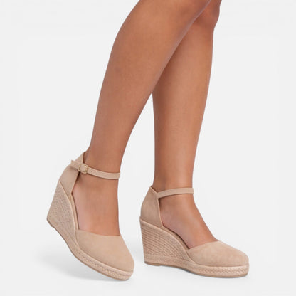 Women's beige closed toe espadrille wedges with flattering wedge heel and adjustable ankle strap for weddings and summer events by ILYNORA
