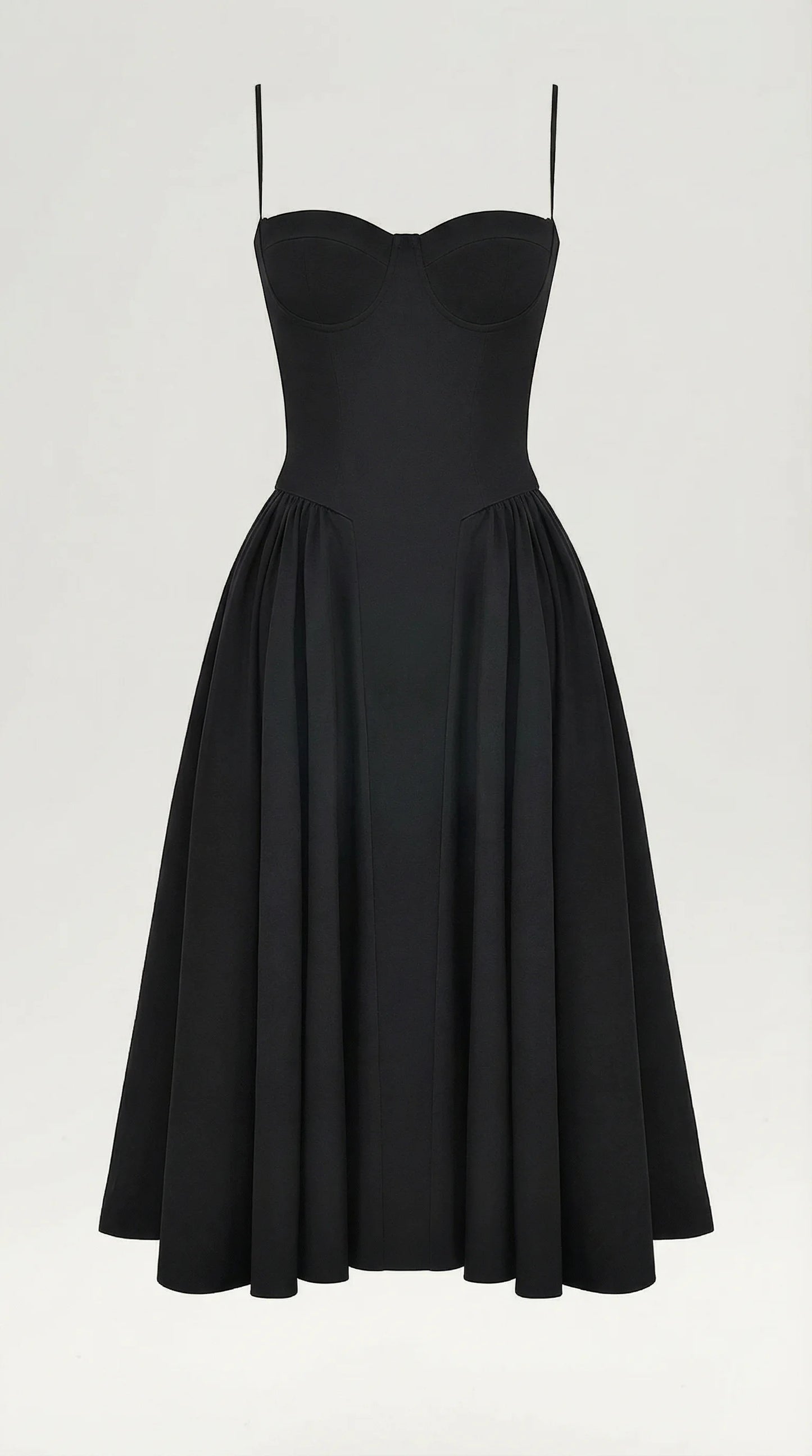 Women's black corset fit and flare midi dress with timeless feminine silhouette for weddings and evening occasions by ILYNORA