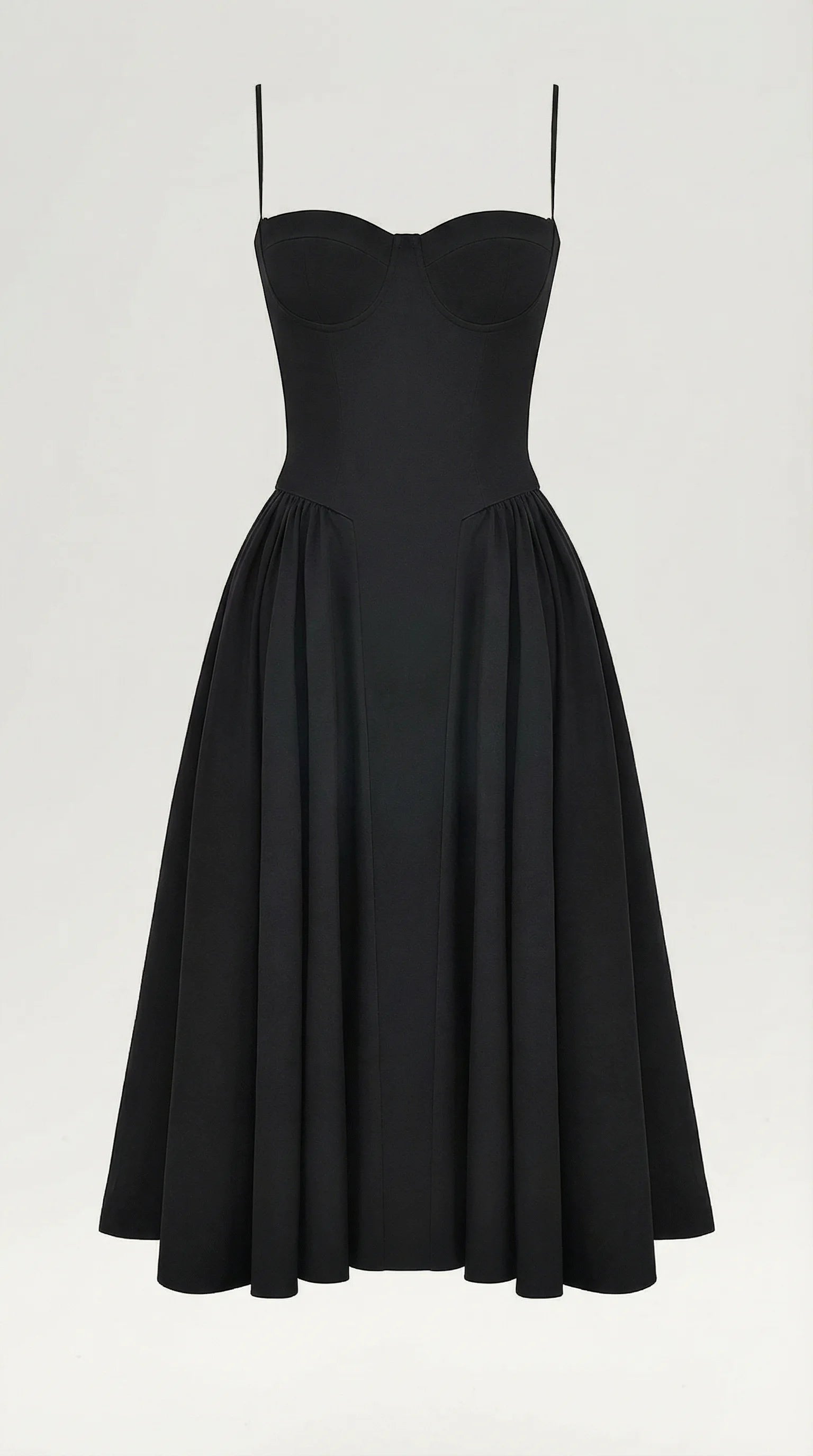 Women's black corset fit and flare midi dress with timeless feminine silhouette for weddings and evening occasions by ILYNORA