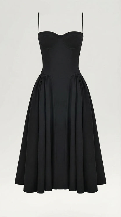 Women's black corset fit and flare midi dress with timeless feminine silhouette for weddings and evening occasions by ILYNORA