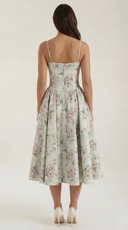 Back view of women's green floral corset fit and flare midi dress with adjustable straps and elegant full skirt by ILYNORA