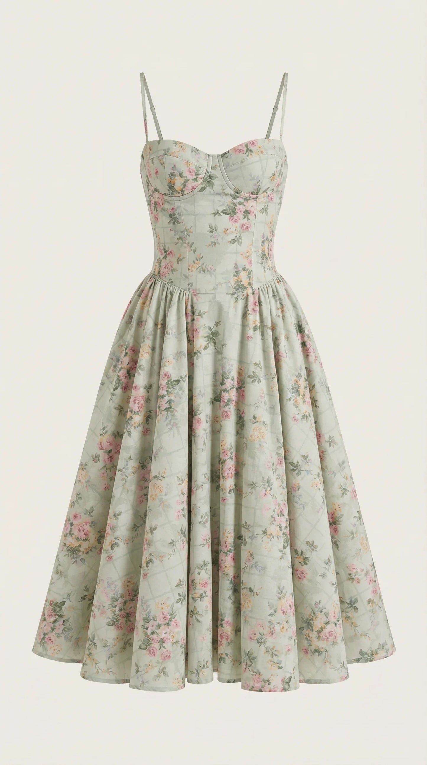 Women's green floral corset fit and flare midi dress featuring structured bodice, vintage-inspired silhouette and full skirt by ILYNORA