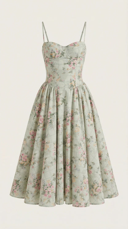 Women's green floral corset fit and flare midi dress featuring structured bodice, vintage-inspired silhouette and full skirt by ILYNORA