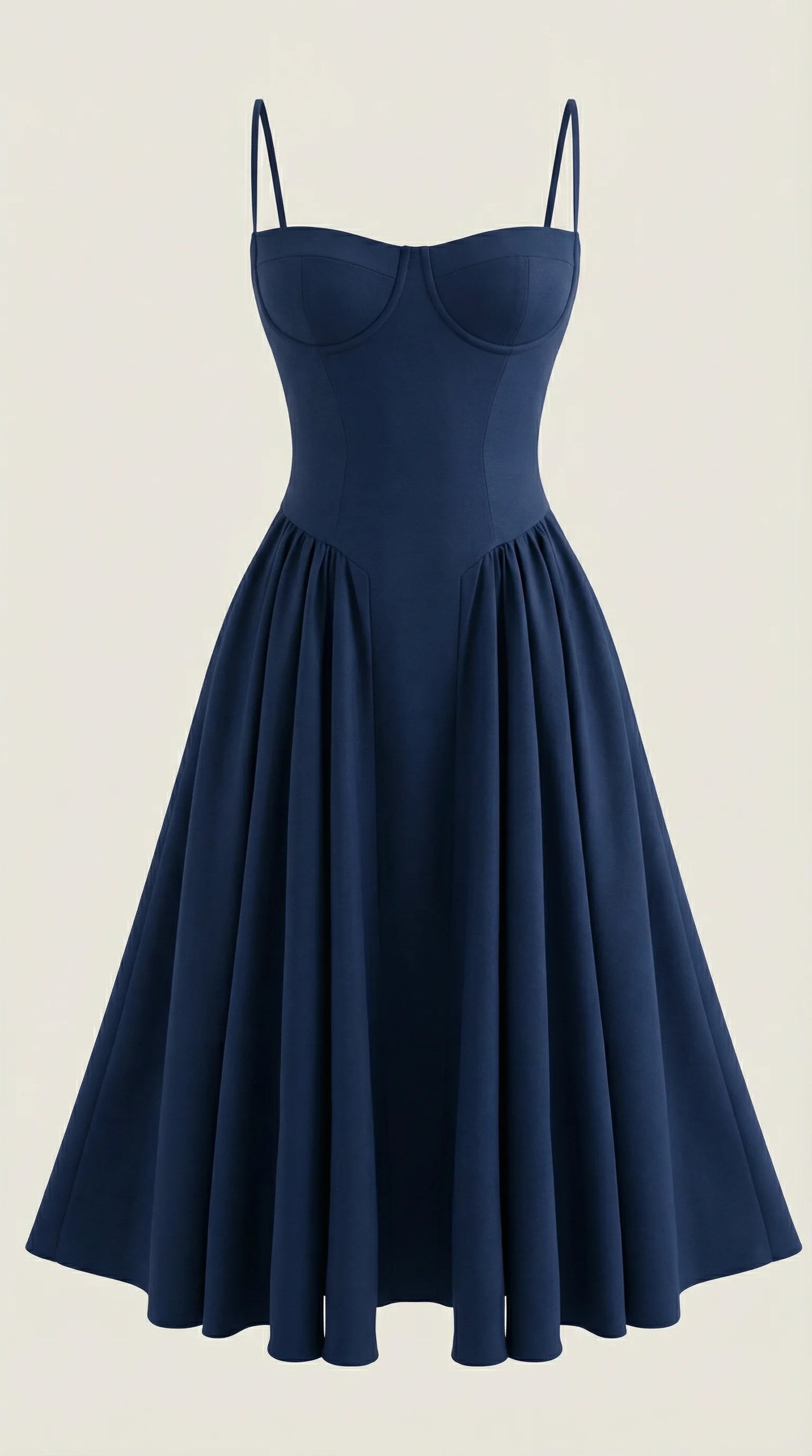 Women's navy corset fit and flare midi dress with timeless tailored silhouette for weddings and formal occasions by ILYNORA