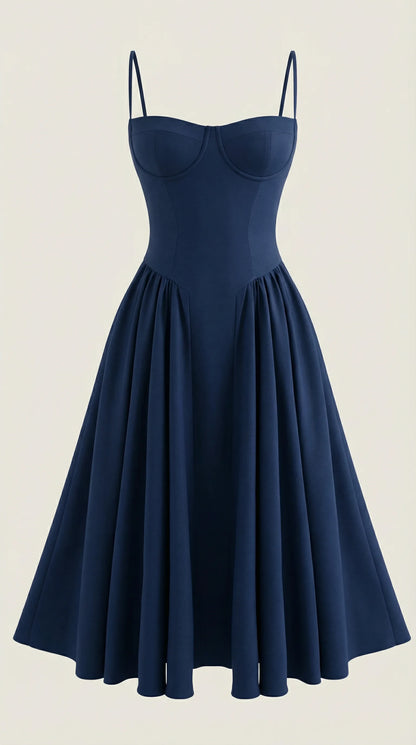 Women's navy corset fit and flare midi dress with timeless tailored silhouette for weddings and formal occasions by ILYNORA