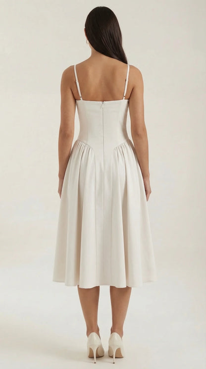 Back view of women's off white corset fit and flare midi dress with flattering fitted waist and midi skirt by ILYNORA