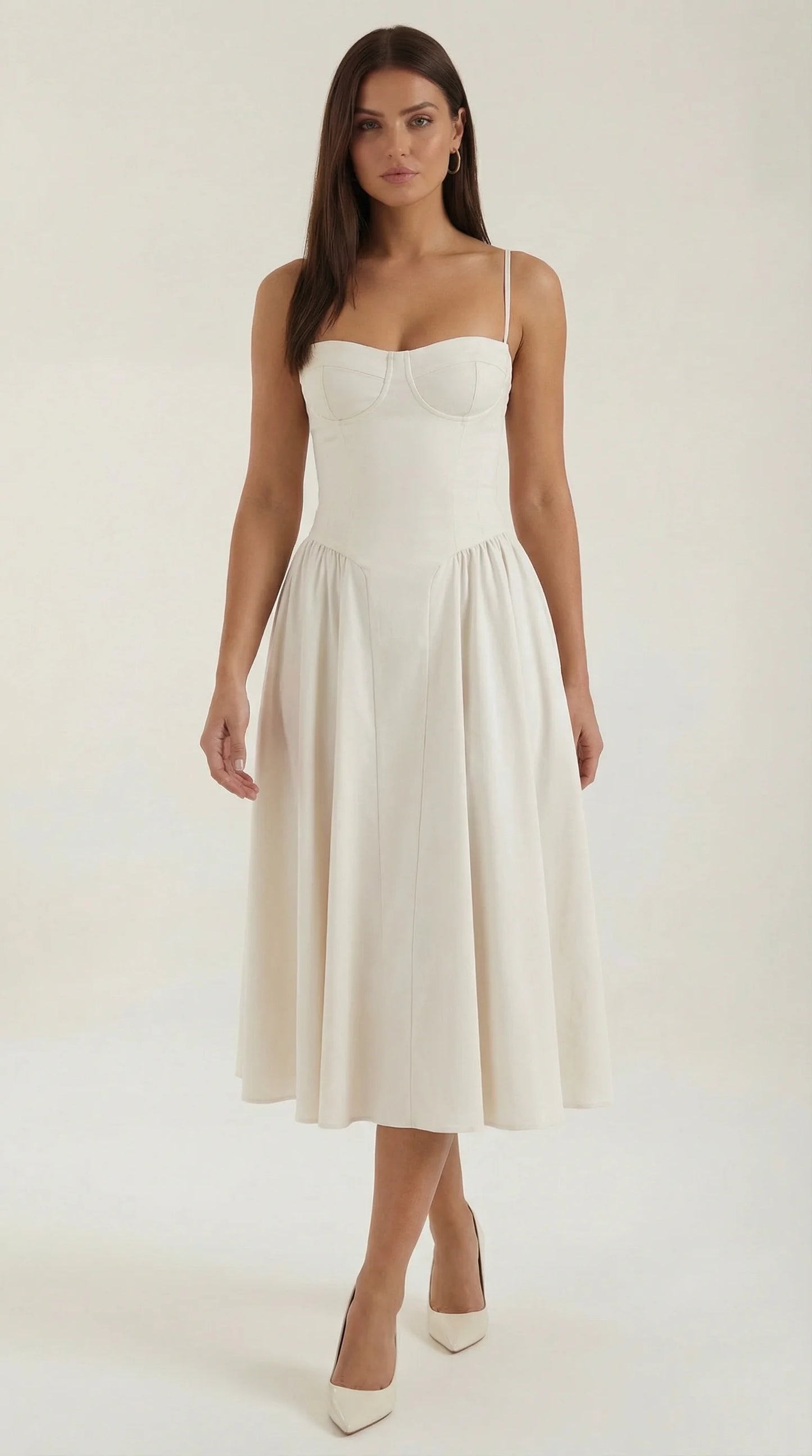 Women's off white corset fit and flare midi dress with sweetheart neckline and elegant flowing skirt by ILYNORA