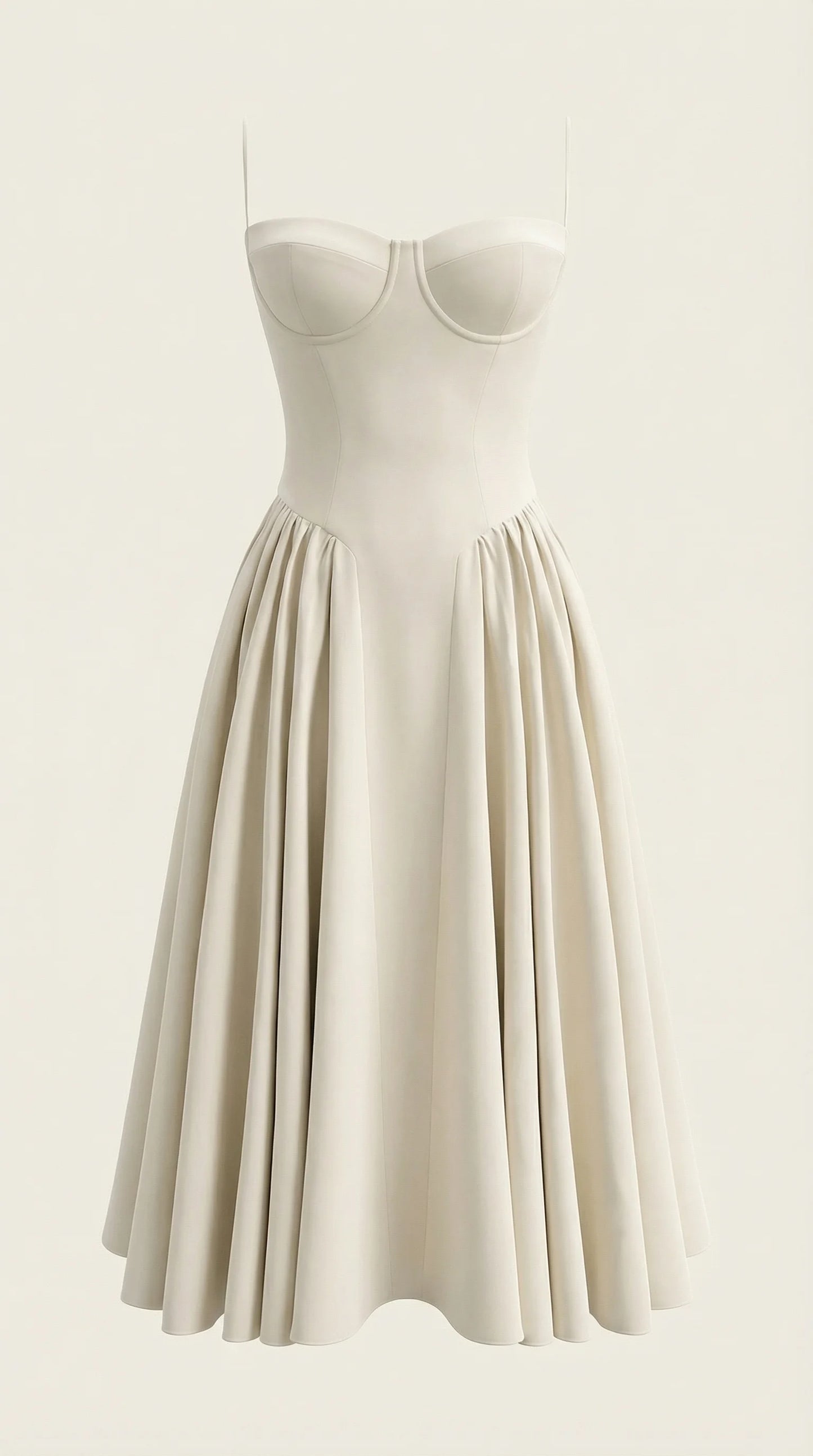 Women's off white corset fit and flare midi dress with structured bodice and romantic bridal-inspired silhouette by ILYNORA