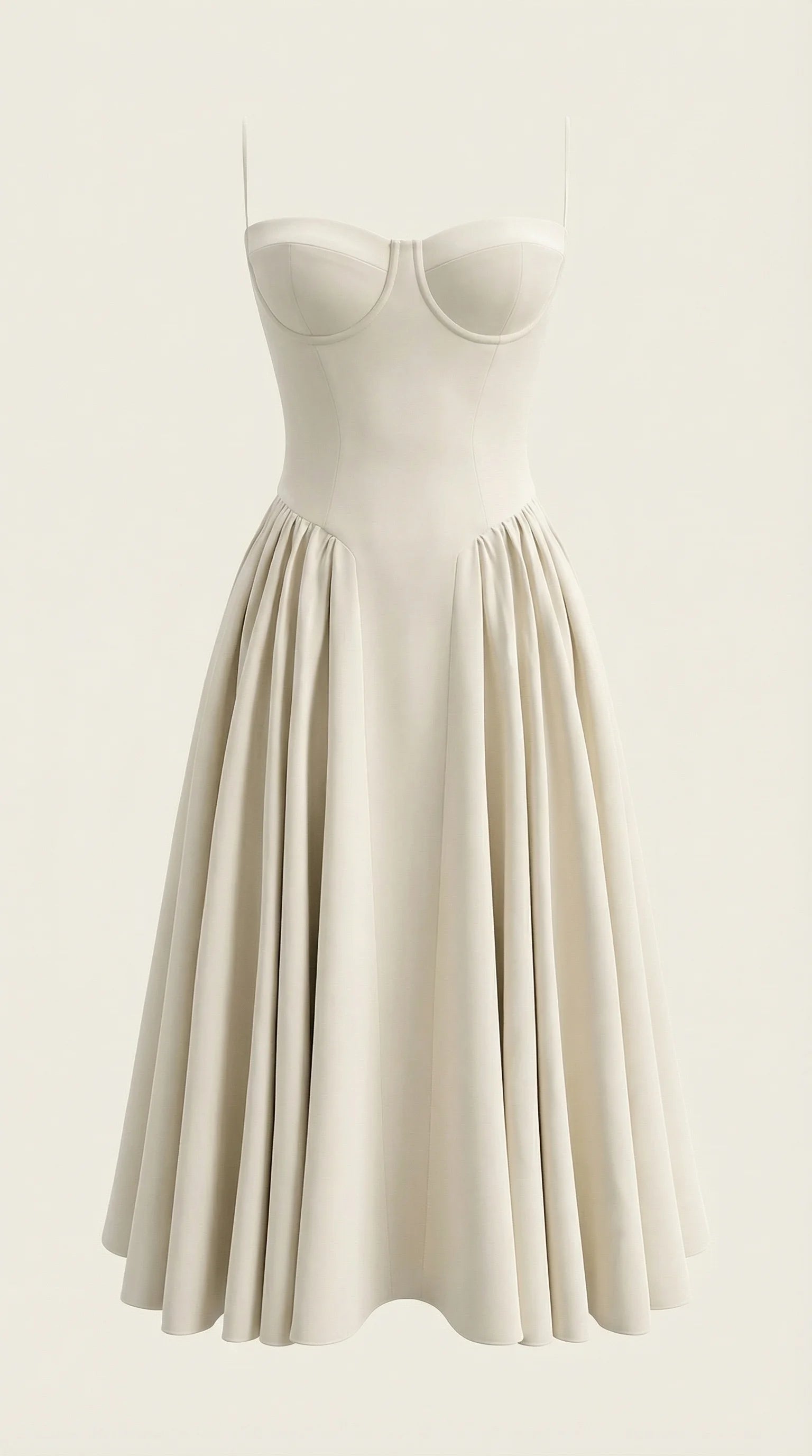 Women's off white corset fit and flare midi dress with structured bodice and romantic bridal-inspired silhouette by ILYNORA