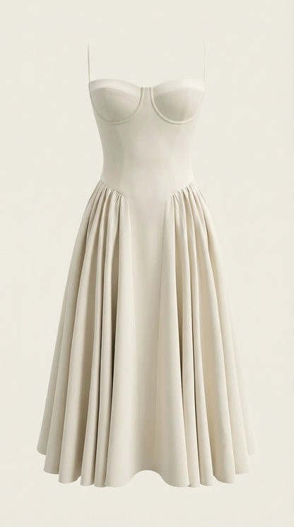 Women's off white corset fit and flare midi dress with structured bodice and romantic bridal-inspired silhouette by ILYNORA