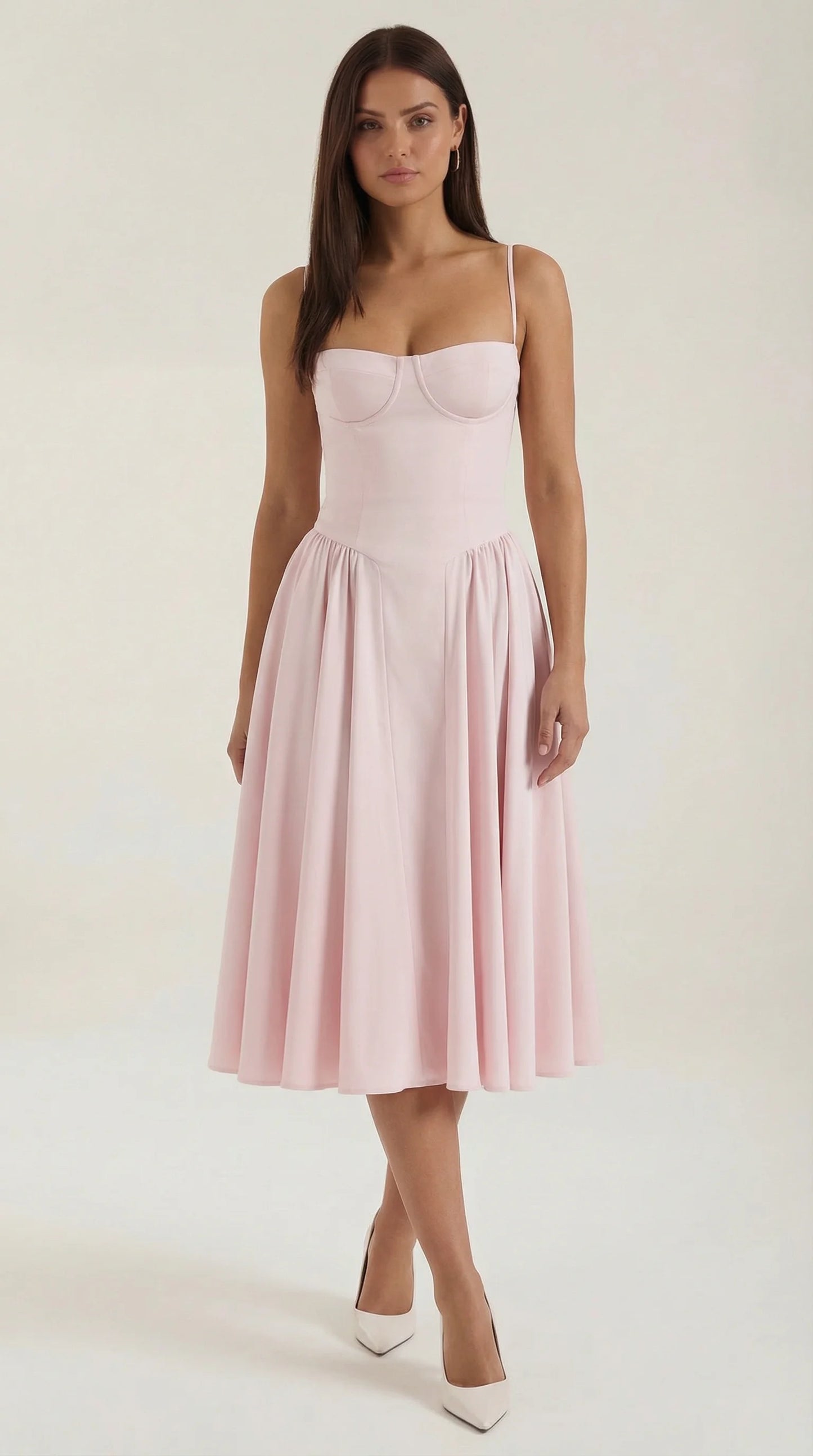 Women's pink corset fit and flare midi dress with sweetheart neckline, fitted bodice and elegant flowing skirt by ILYNORA