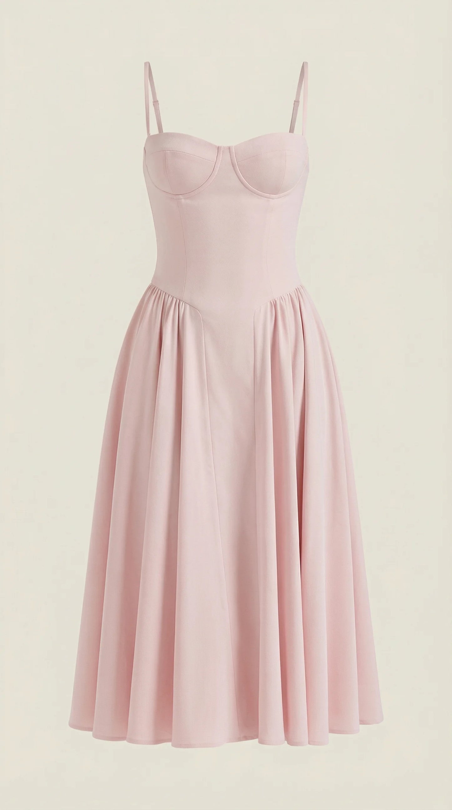 Women's pink corset fit and flare midi dress with romantic feminine silhouette for weddings and special occasions by ILYNORA