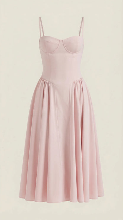 Women's pink corset fit and flare midi dress with romantic feminine silhouette for weddings and special occasions by ILYNORA