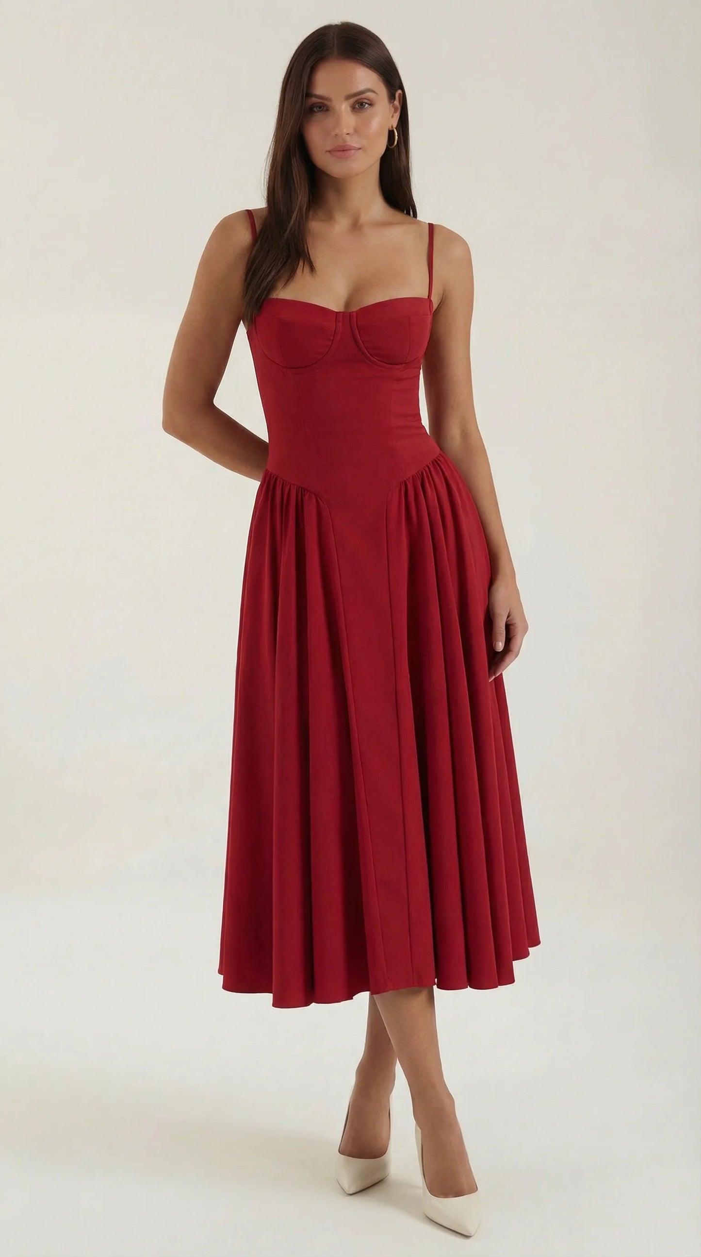 Women's red corset fit and flare midi dress with sweetheart neckline, fitted bodice and flowing skirt by ILYNORA