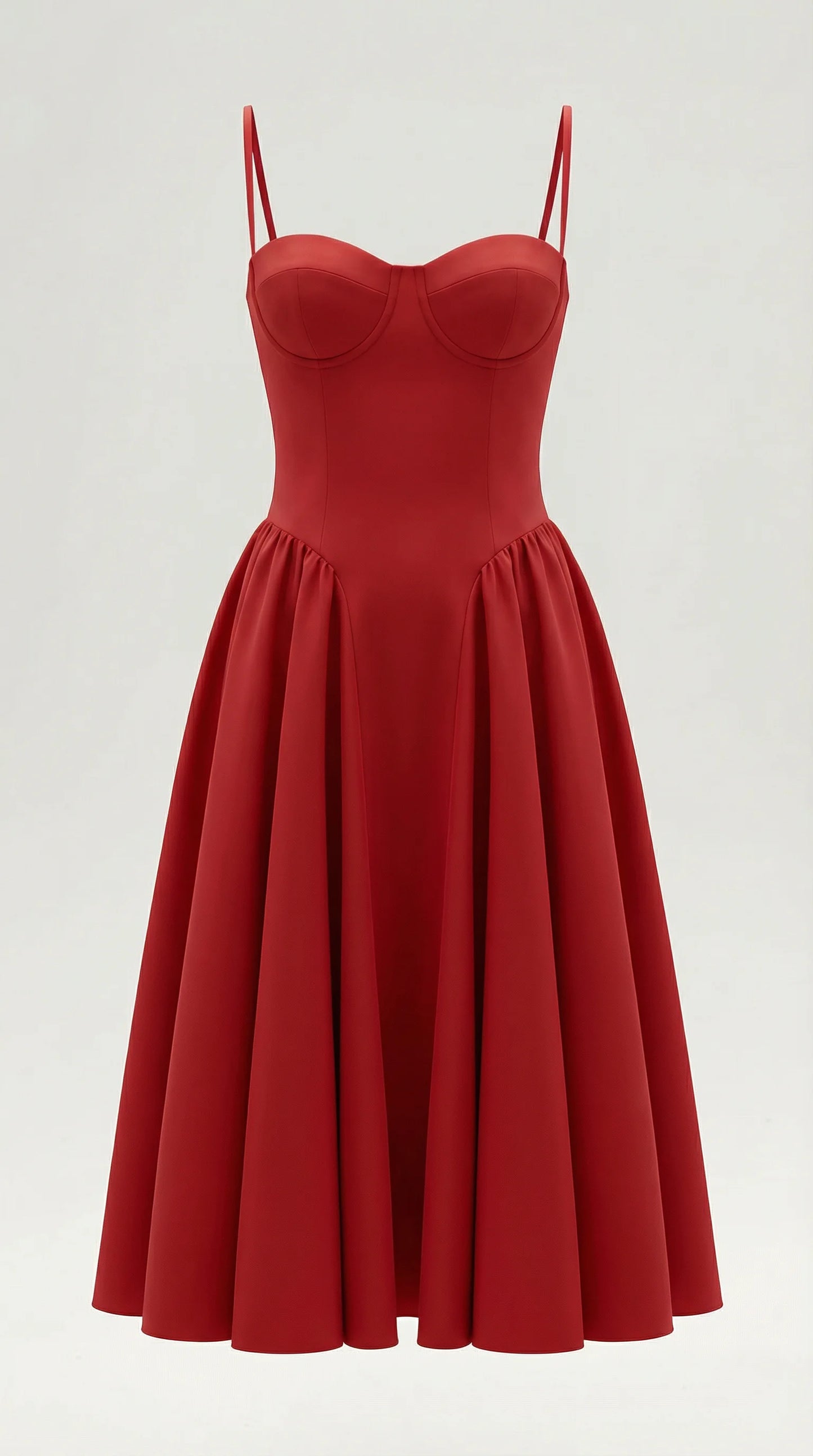 Women's red corset fit and flare midi dress with feminine silhouette for weddings, parties and evening events by ILYNORA