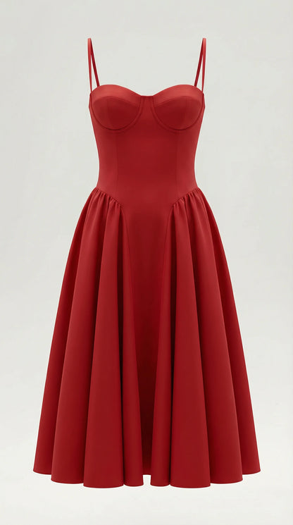 Women's red corset fit and flare midi dress with feminine silhouette for weddings, parties and evening events by ILYNORA